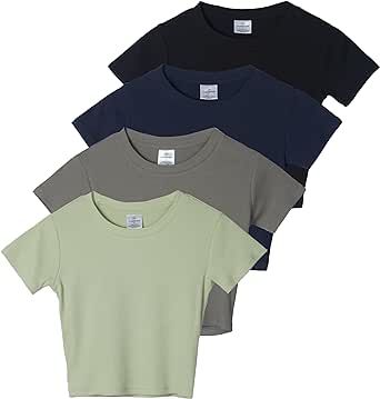 Real Essentials 4-Pack: Women's Short Sleeve Ribbed Knit Cotton Crew Neck Crop Top T-Shirt - (Available in Plus)
